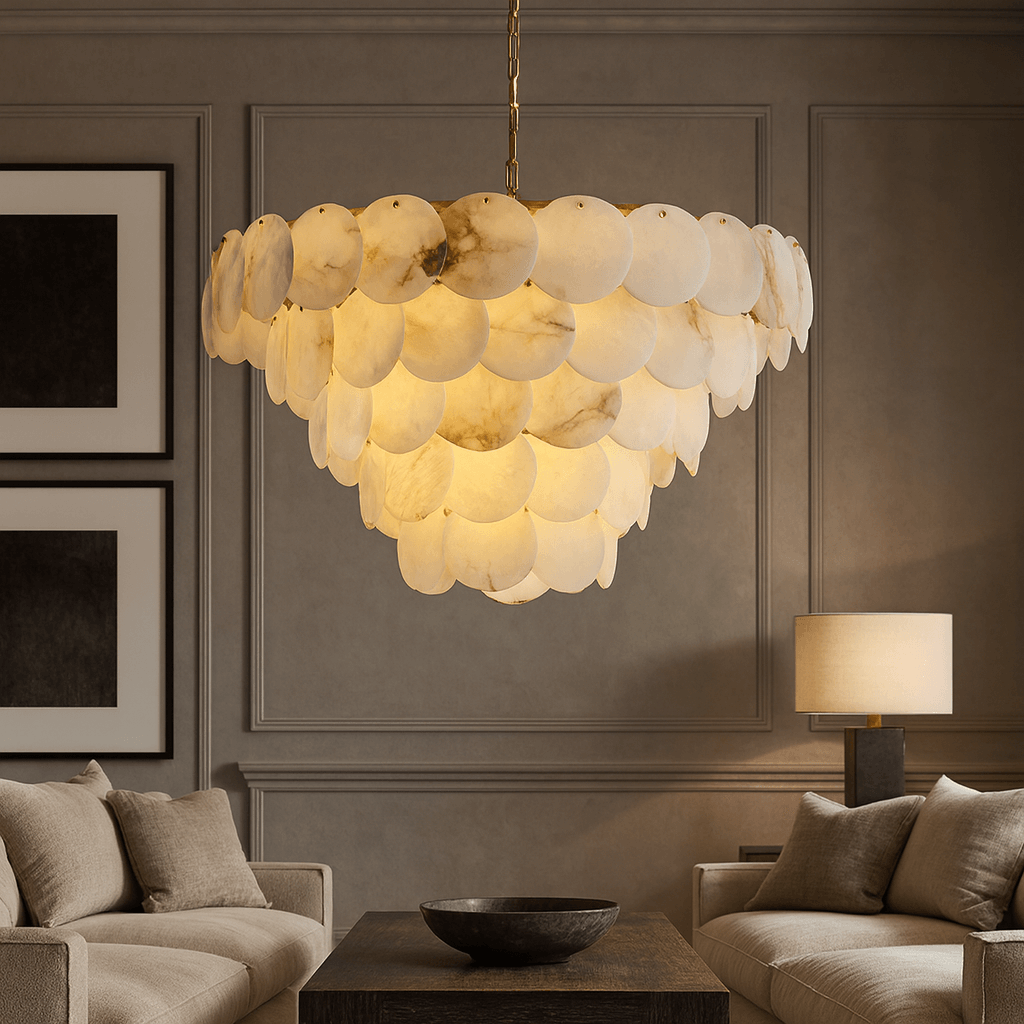 Bordwell 35-inch marble chandelier full fixture view