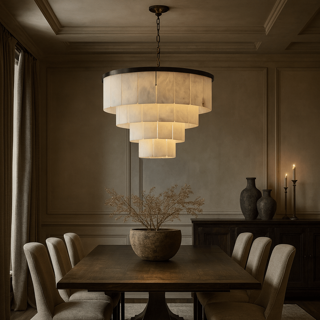 Aurora marble tiered chandelier full fixture view