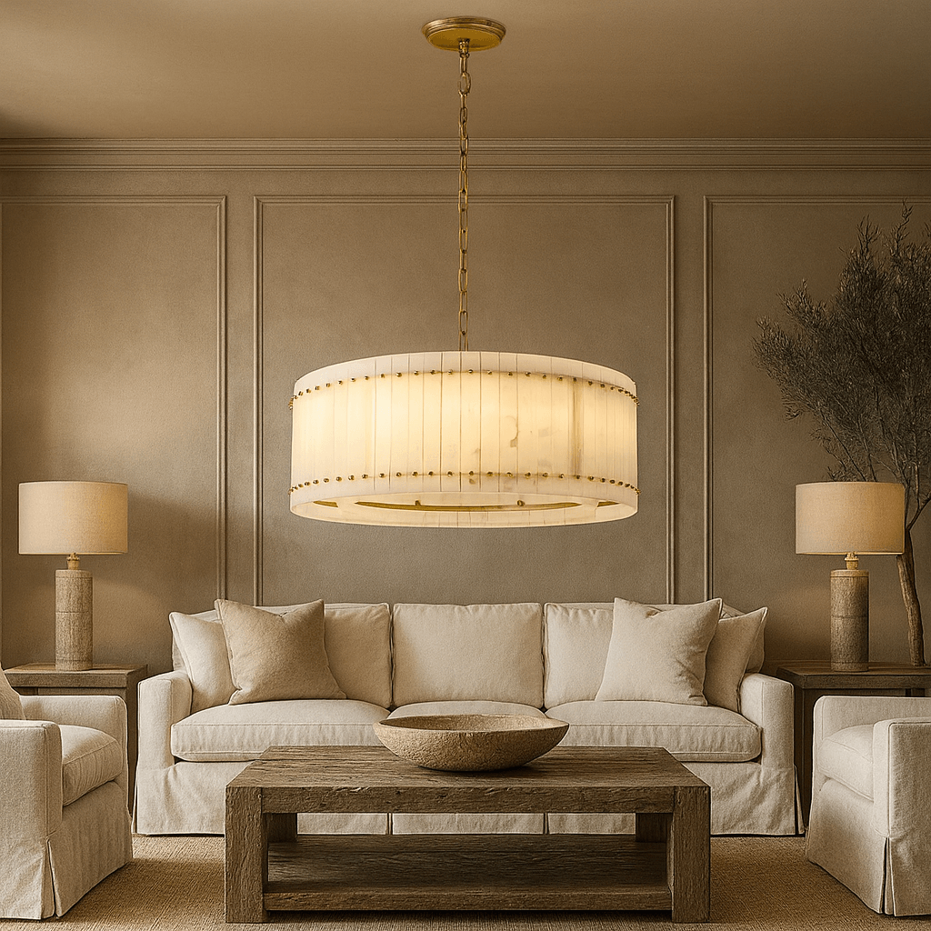 Valmont 31-inch round marble chandelier glowing warm from within