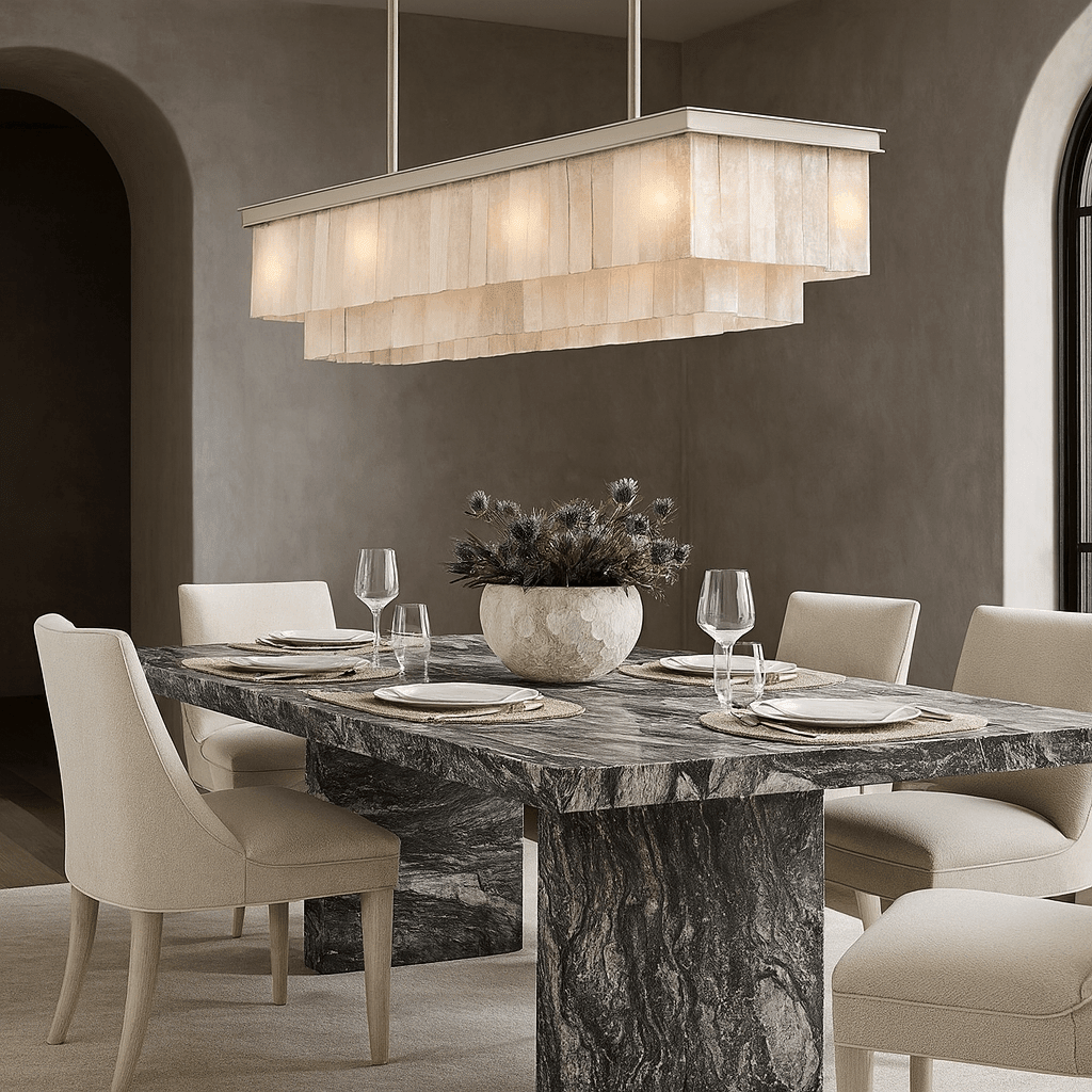 Windsor marble chandelier illuminated above a table