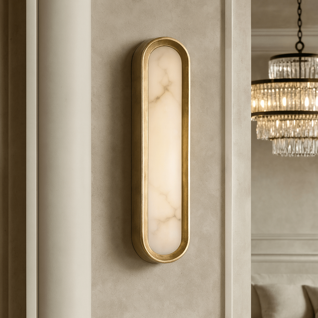 Solari marble sconce illuminated with a warm glow