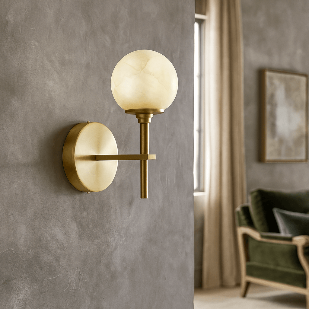 Aria marble and copper wall sconce in a hallway