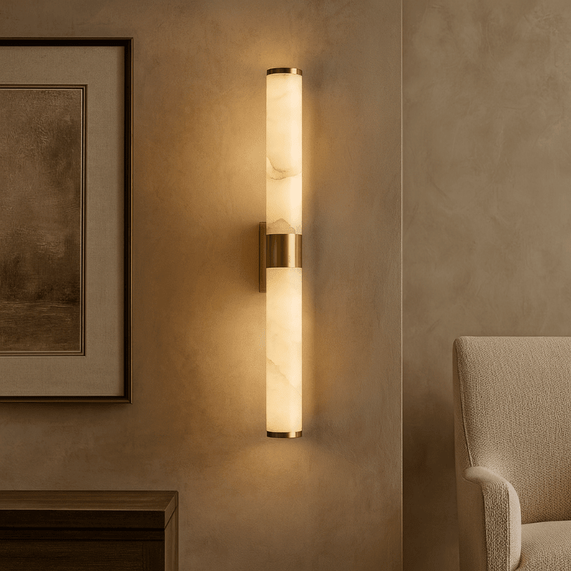 Altura 27-inch natural marble and brass wall sconce full view
