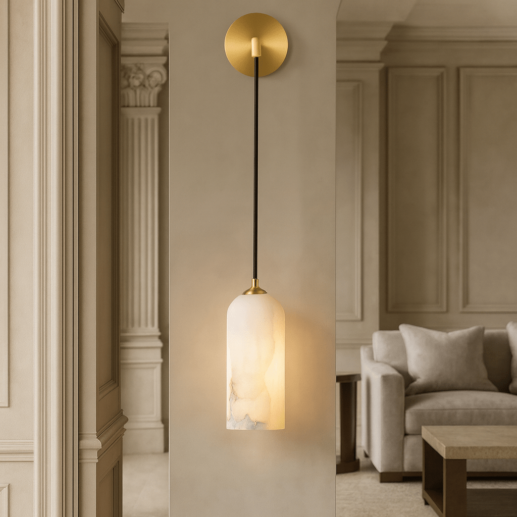 Detail of natural marble veining on the Mirasol sconce