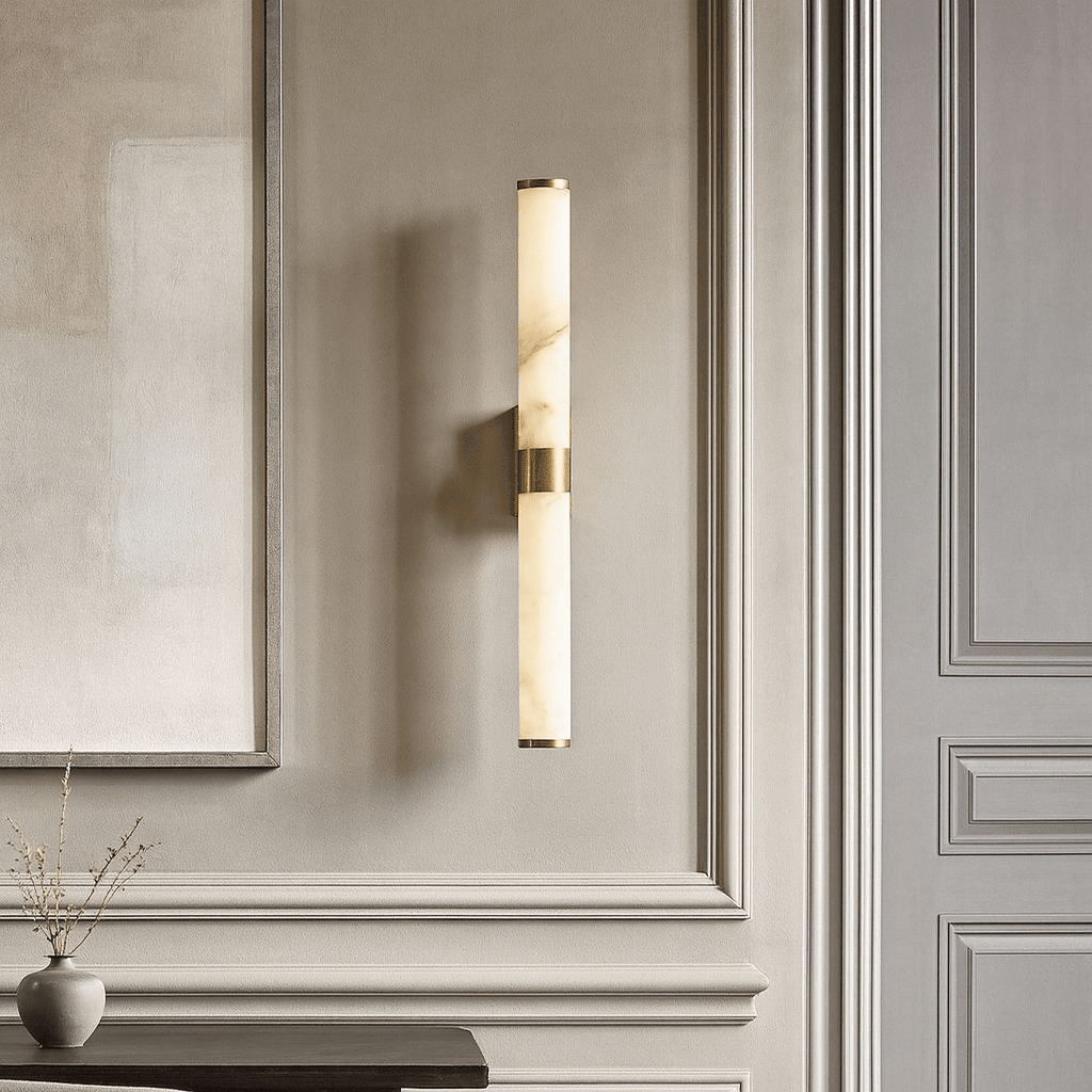 Detail of natural marble veining on the Altura wall sconce