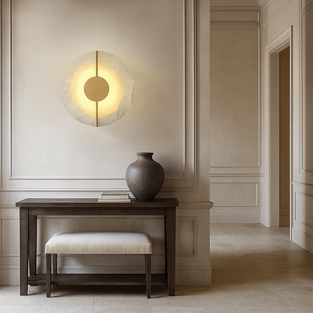 Altura marble disc sconce illuminated with a warm glow