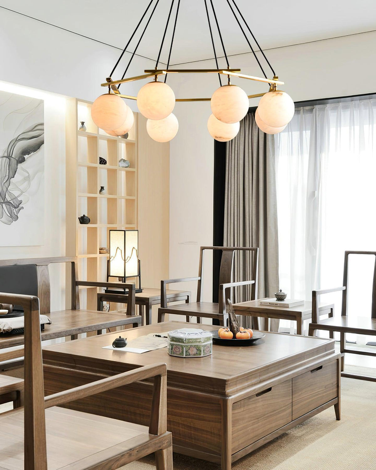 Miira Alabaster Chandelier with 3/6/8 heads - 3 heads 21.6" x H 59"/ Dia 55cm x H 150cmBrass & White Alabastercasivra