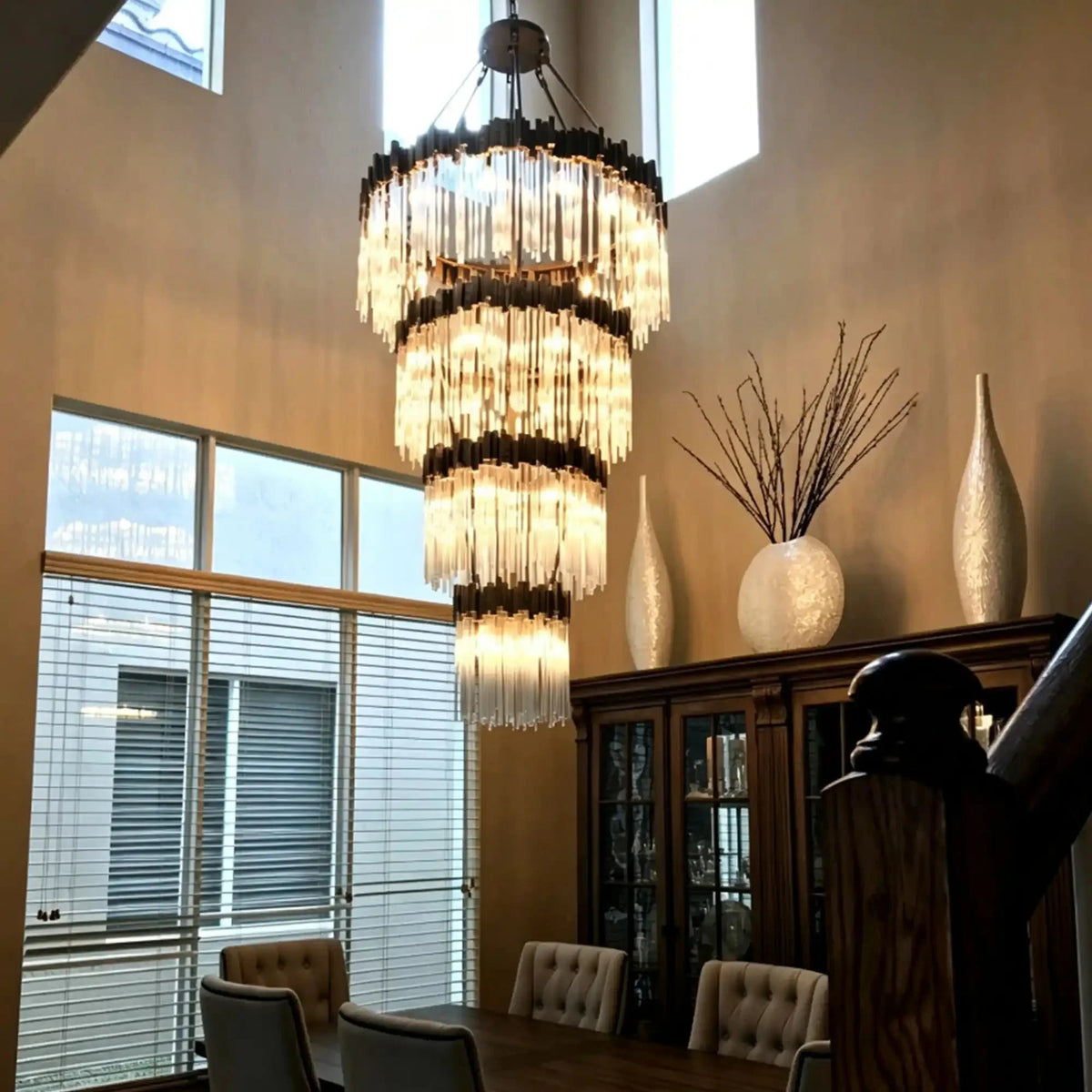 Modern Artistic Luxury Multi-layers Glam Glass Chandelier for High-Ceiling/Staircase/Foyer - 4 Layers/D40"*H95"BlackWarm Lightcasivra
