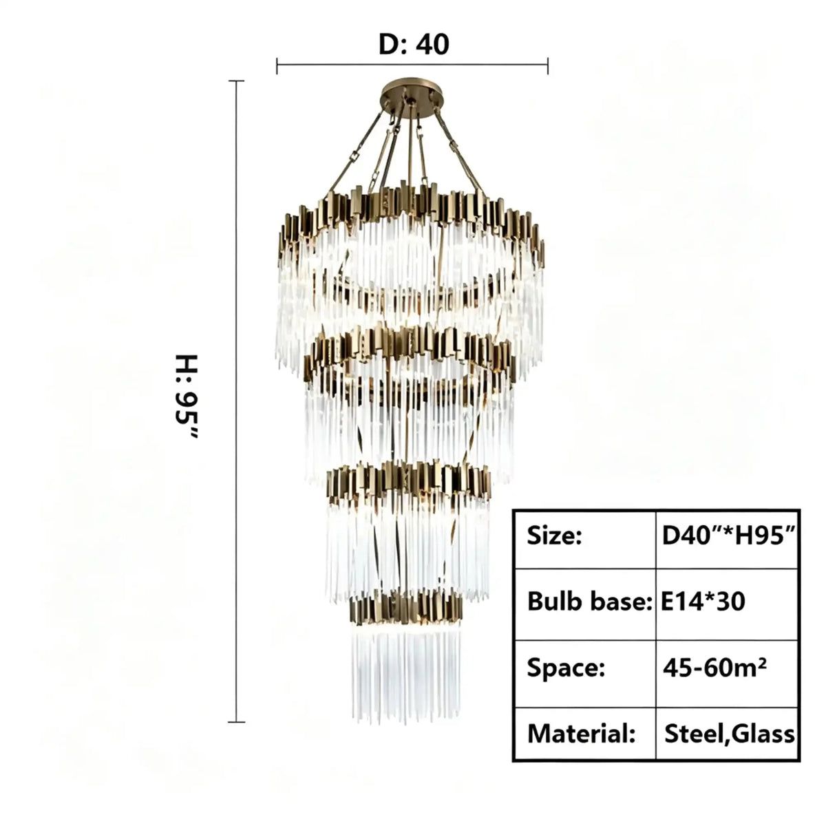 Modern Artistic Luxury Multi-layers Glam Glass Chandelier for High-Ceiling/Staircase/Foyer - 4 Layers/D40"*H95"BlackWarm Lightcasivra
