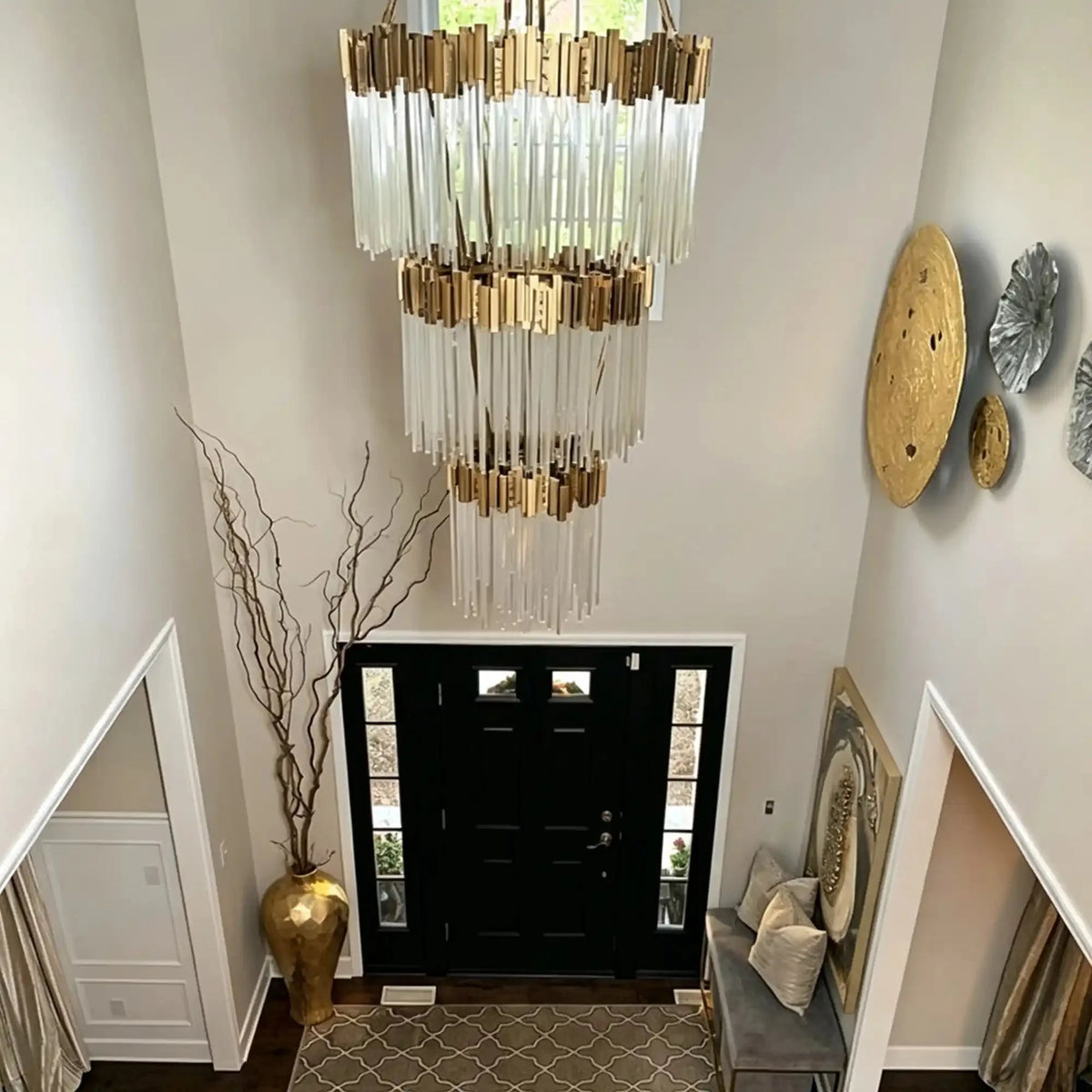 Modern Artistic Luxury Multi-layers Glam Glass Chandelier for High-Ceiling/Staircase/Foyer - 4 Layers/D40"*H95"BlackWarm Lightcasivra