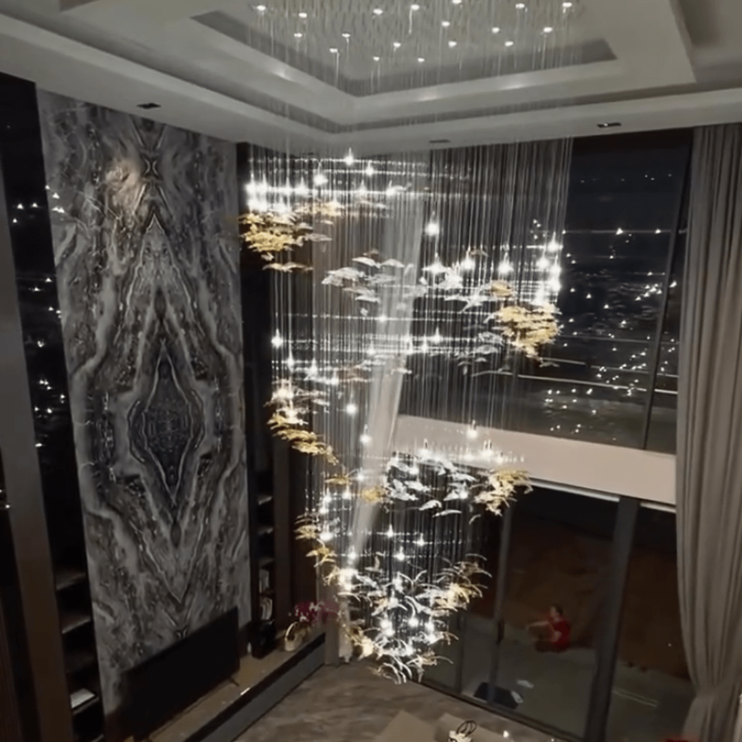 Modern Ascending Spiral Floating Glass Feather Chandelier with Bulbs - Square Canopy/L68"*H144" (L173cm*H366cm)Warm Lightcasivra