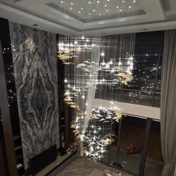 Modern Ascending Spiral Floating Glass Feather Chandelier with Bulbs - Square Canopy/L68"*H144" (L173cm*H366cm)Warm Lightcasivra