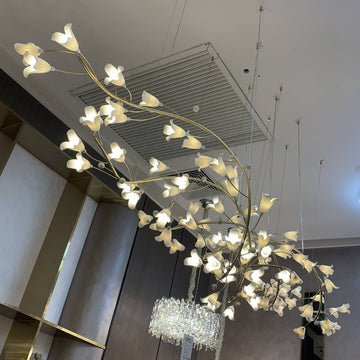 Modern Brass Branch Ceramics Flower Chandelier for Stylish Living Room Hotel and Restaurant - L110.24''*W30.7''/L280cm*W78cmWarm Lightcasivra