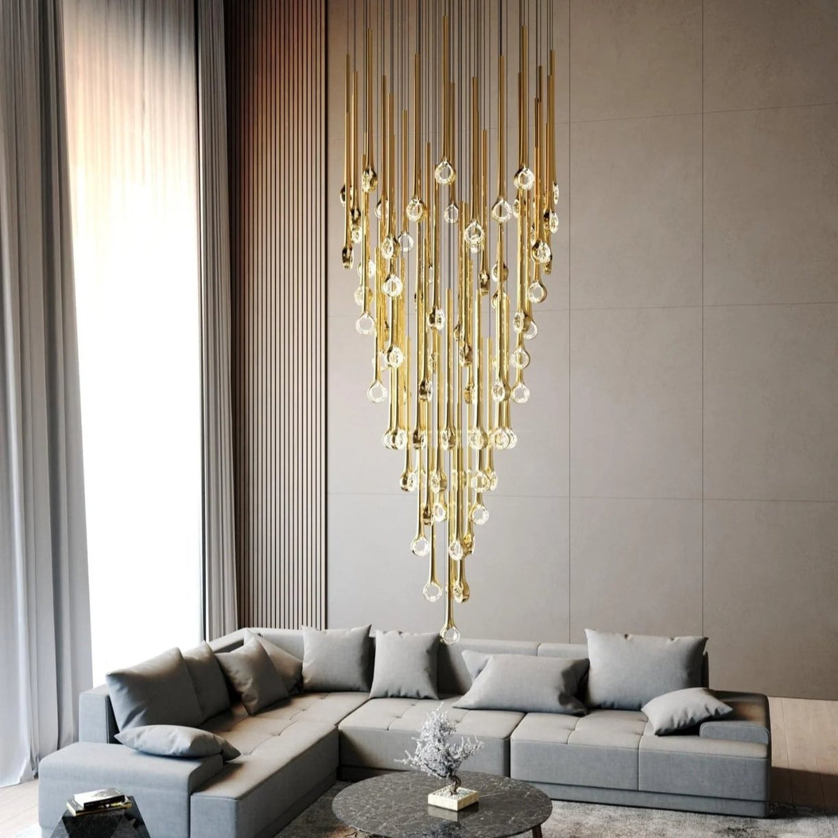 Modern Floating Long Gold Pendant Celing Chandelier for Living Room/High - ceiling - Without Canopy/D39.37"*H106.3"(D100cm*H270cm)casivra