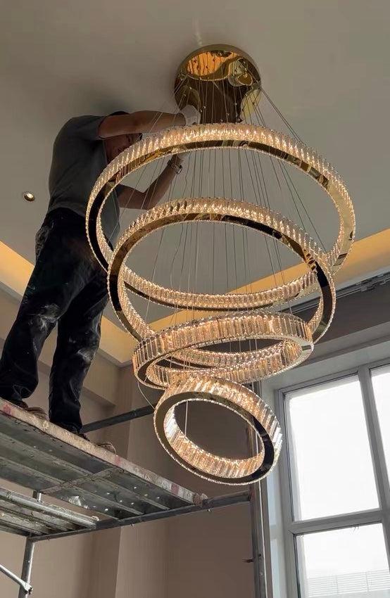 Modern Front Entryway Chandelier 3/4/5/6/7 Rings Crystal Gold/ Chrome Finish Ceiling Lamp - 4 Rings: Dia(39.4"+31.5"+23.6"+15.7")GoldWarm Lightcasivra