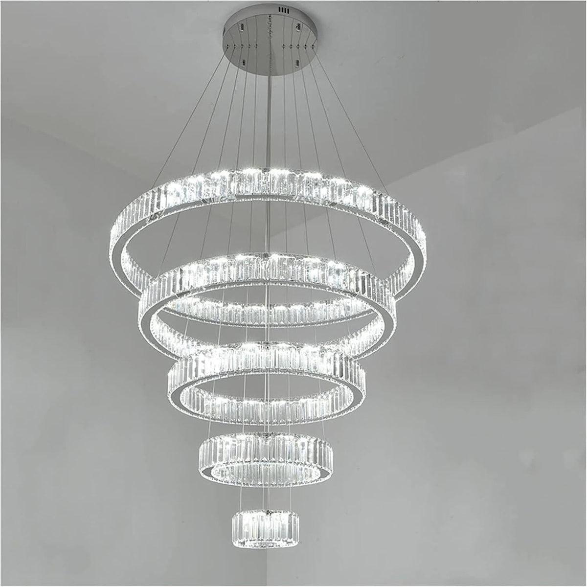 Modern Front Entryway Chandelier 3/4/5/6/7 Rings Crystal Gold/ Chrome Finish Ceiling Lamp - 5 Rings: Dia(39.4"+31.5"+23.6"+15.7"+7.9")/45kg/46.2kgChromeWhite Lightcasivra