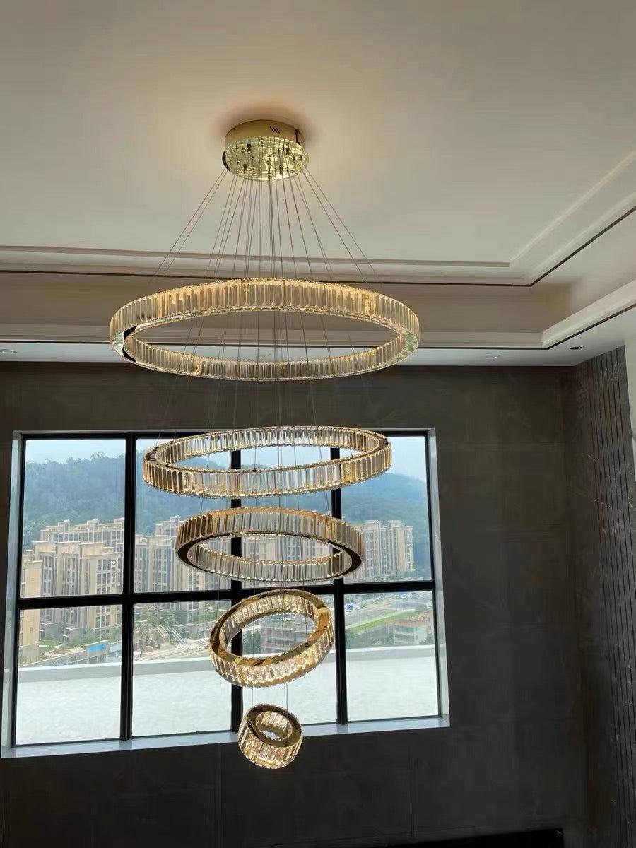 Modern Front Entryway Chandelier 3/4/5/6/7 Rings Crystal Gold/ Chrome Finish Ceiling Lamp - 5 Rings: Dia(39.4"+31.5"+23.6"+15.7"+7.9")/45kg/46.2kgChromeWhite Lightcasivra