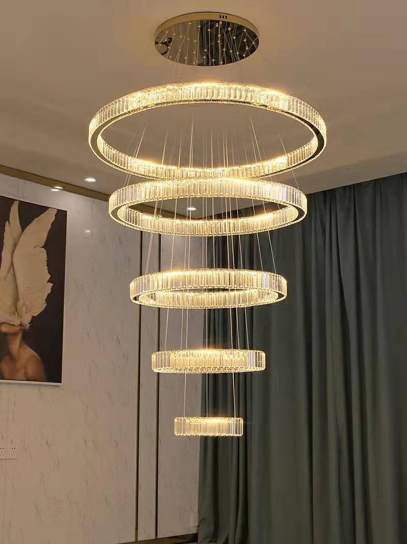Modern Front Entryway Chandelier 3/4/5/6/7 Rings Crystal Gold/ Chrome Finish Ceiling Lamp - 6 Rings: Dia(47.2"+39.4"+31.5"+23.6"+15.7"+7.9")/63kgGoldWhite Lightcasivra