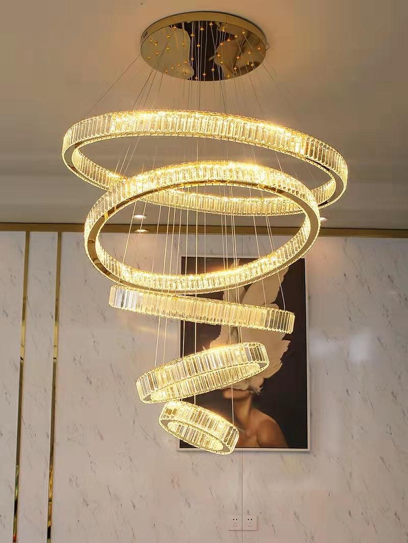 Modern Front Entryway Chandelier 3/4/5/6/7 Rings Crystal Gold/ Chrome Finish Ceiling Lamp - 5 Rings: Dia(39.4"+31.5"+23.6"+15.7"+7.9")/45kg/46.2kgGoldWhite Lightcasivra