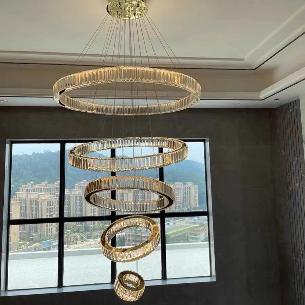 Modern Front Entryway Chandelier 3/4/5/6/7 Rings Crystal Gold/ Chrome Finish Ceiling Lamp - 5 Rings: Dia(39.4"+31.5"+23.6"+15.7"+7.9")/45kg/46.2kgGoldWarm Lightcasivra