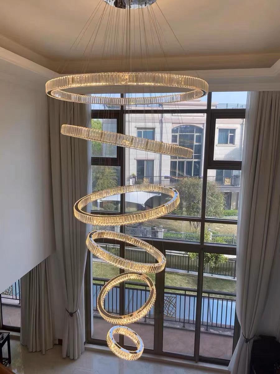 Modern Front Entryway Chandelier 3/4/5/6/7 Rings Crystal Gold/ Chrome Finish Ceiling Lamp - 6 Rings: Dia(47.2"+39.4"+31.5"+23.6"+15.7"+7.9")/63kgChromeWarm Lightcasivra