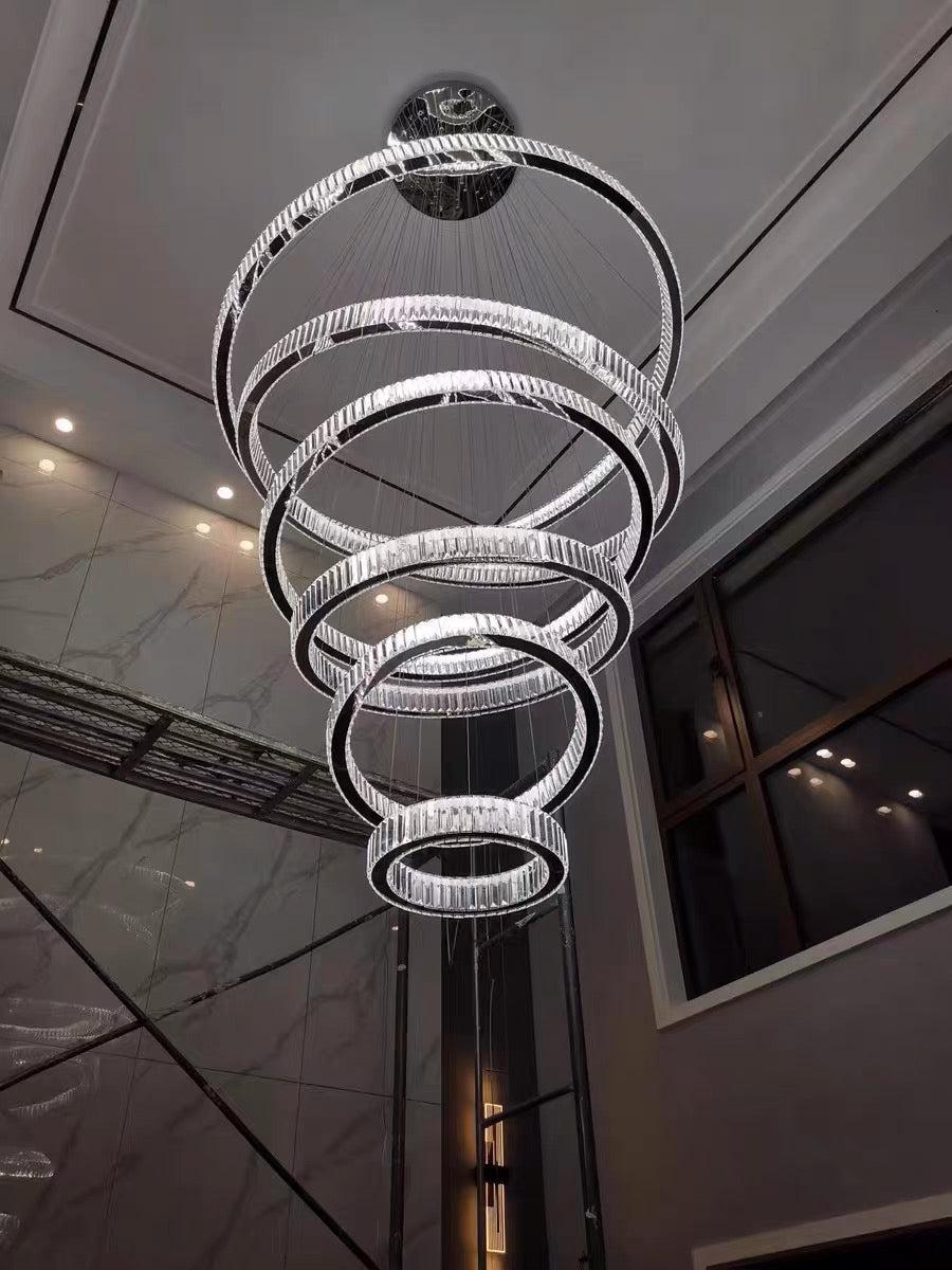 Modern Front Entryway Chandelier 3/4/5/6/7 Rings Crystal Gold/ Chrome Finish Ceiling Lamp - 6 Rings: Dia(47.2"+39.4"+31.5"+23.6"+15.7"+7.9")/63kgChromeWhite Lightcasivra
