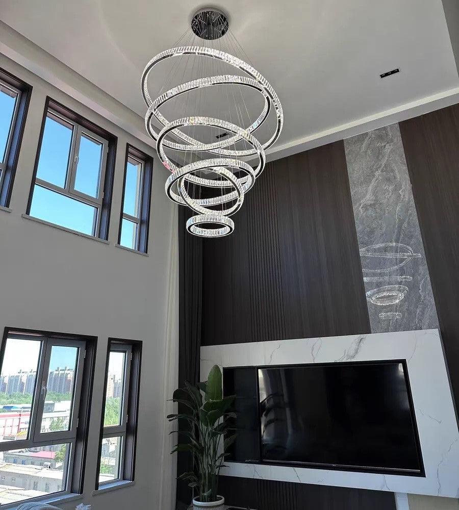 Modern Front Entryway Chandelier 3/4/5/6/7 Rings Crystal Gold/ Chrome Finish Ceiling Lamp - 6 Rings: Dia(47.2"+39.4"+31.5"+23.6"+15.7"+7.9")/63kgChromeWhite Lightcasivra