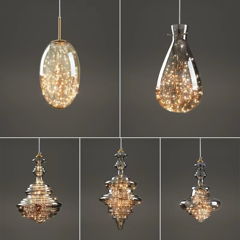 Modern Gray Glass Starry Sky Pendant Light Fixture for Dining Room/Bar/Kitchen Island - Set: A+B+C+D+E/8kgTri-Color Light (Warm/White/Neutral)casivra