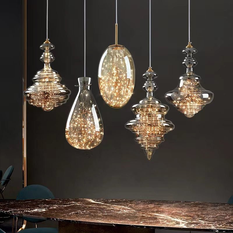 Modern Gray Glass Starry Sky Pendant Light Fixture for Dining Room/Bar/Kitchen Island - A: D7.9"*H12.6"/1.5kgTri-Color Light (Warm/White/Neutral)casivra