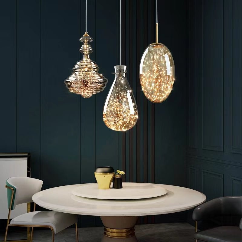 Modern Gray Glass Starry Sky Pendant Light Fixture for Dining Room/Bar/Kitchen Island - Set: A+B+C+D+E/8kgTri-Color Light (Warm/White/Neutral)casivra