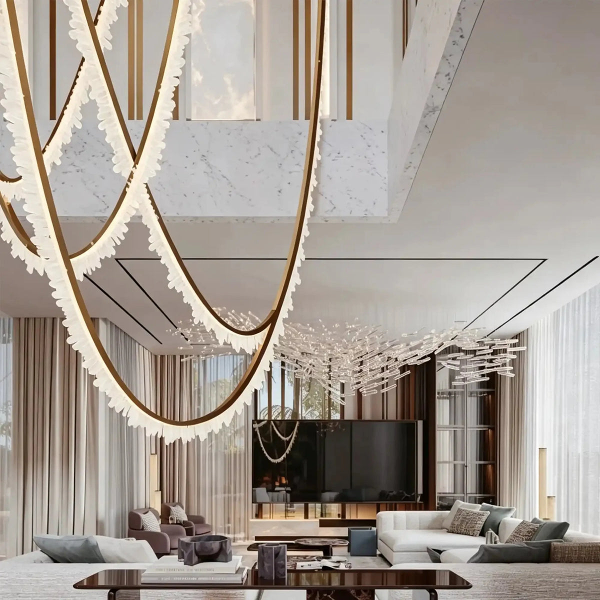 Modern High-End Curved Necklace Natural Crystal Ceiling Chandelier - The Whole Set /8 chainsBrassWhite Lightcasivra