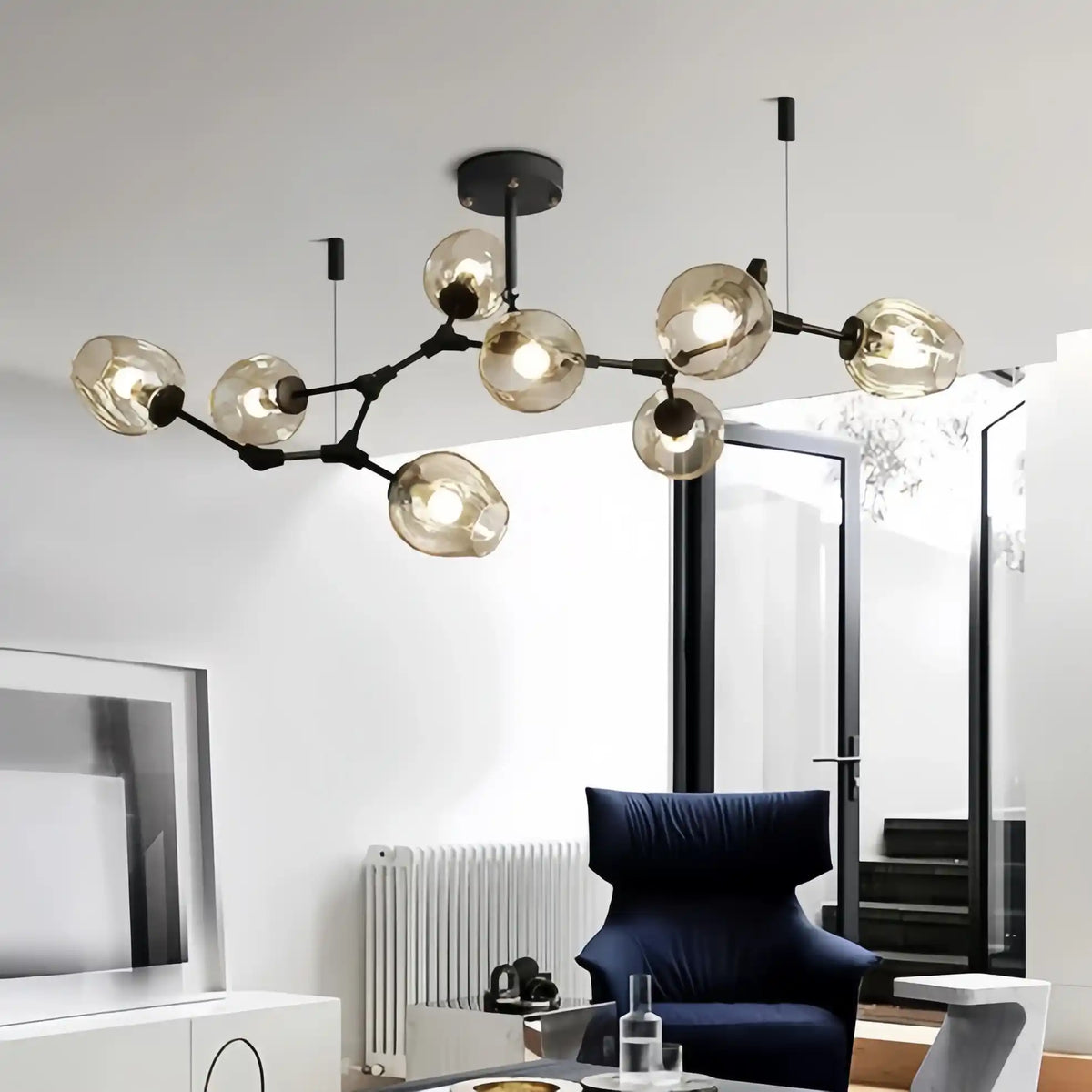 Modern Industrial Branch Chandelier with Multiple Glass Pendants Extra Large for Living or Dining Room