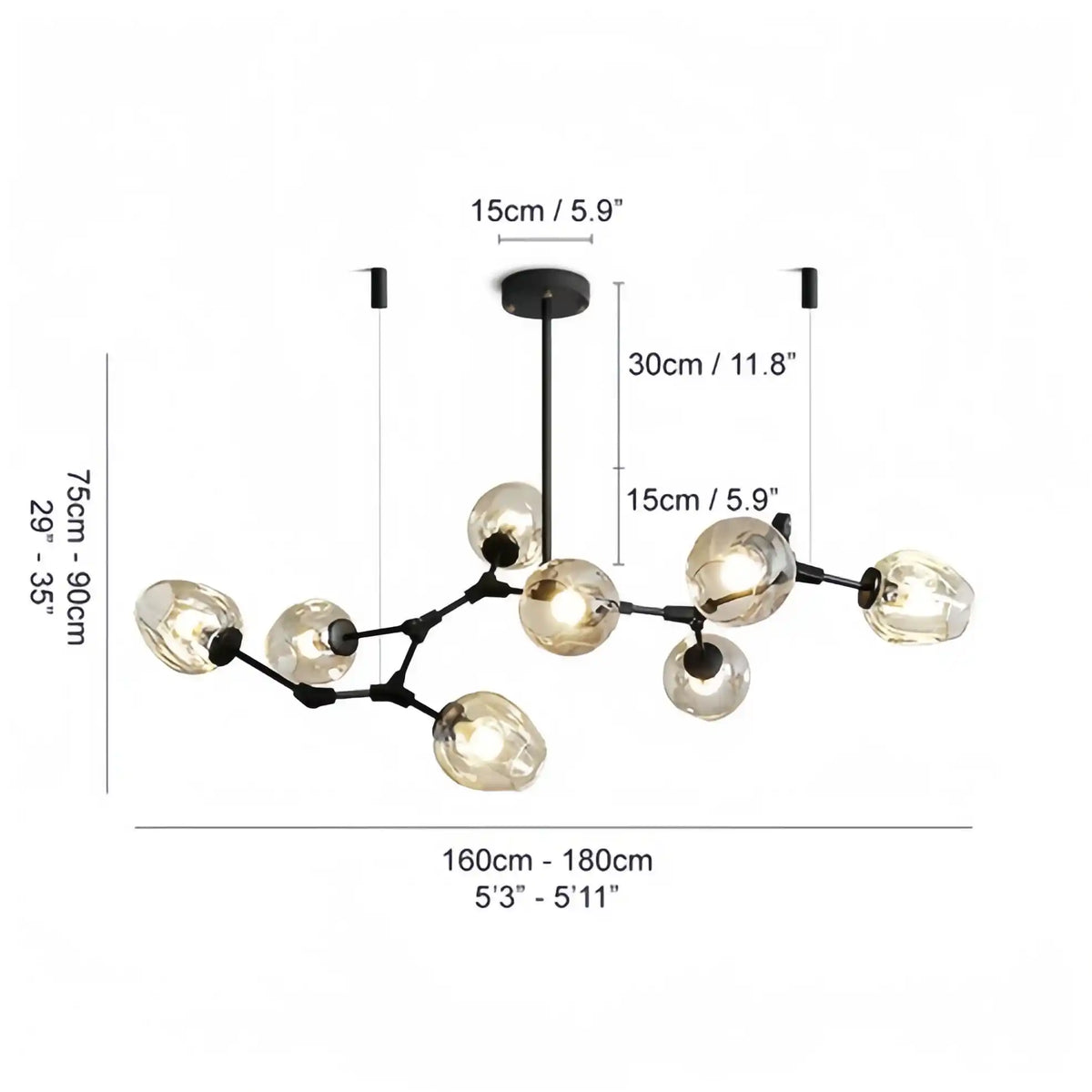 Modern Industrial Branch Chandelier with Multiple Glass Pendants Extra Large for Living or Dining Room