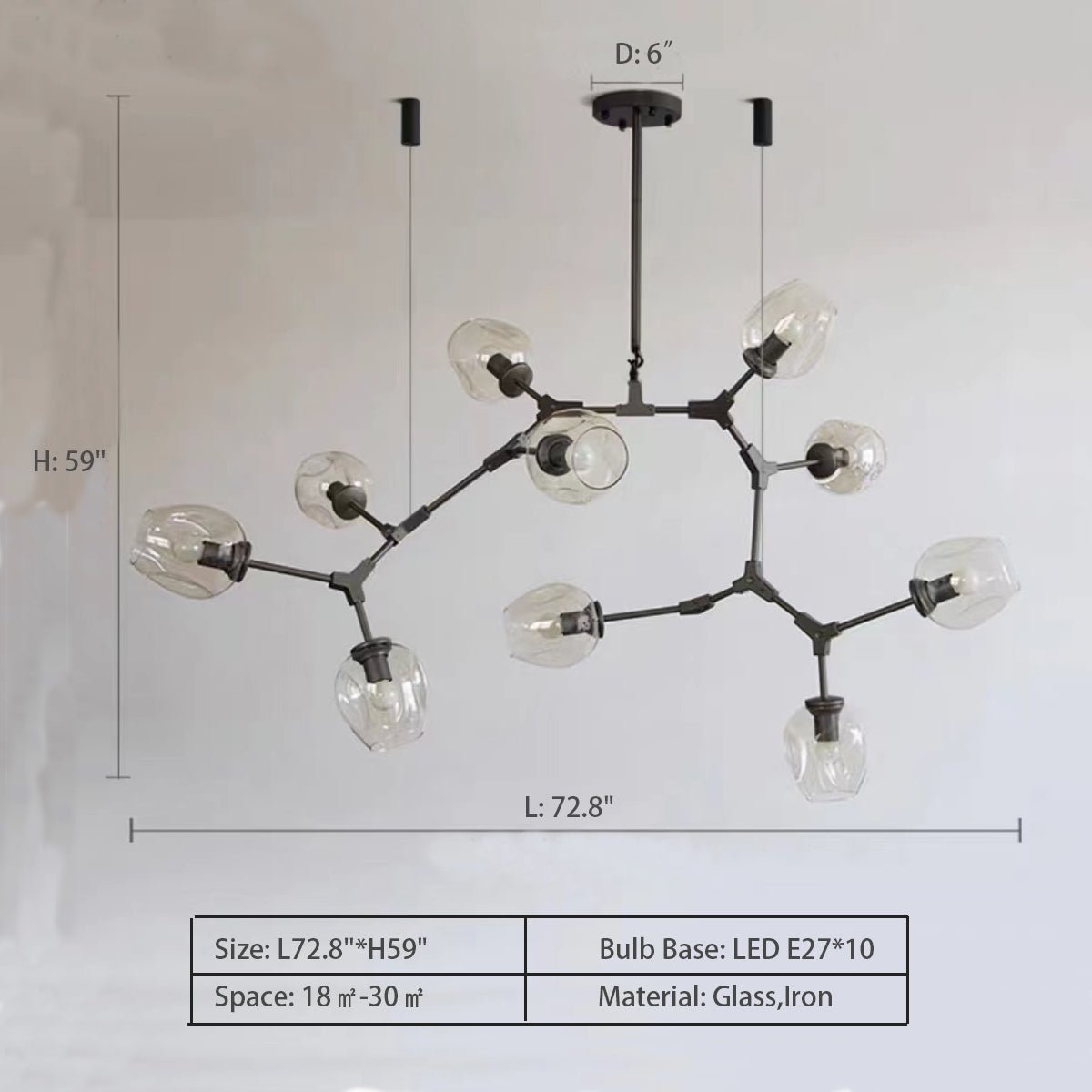 Modern Industrial Branch Chandelier with Multiple Glass Pendants Extra Large for Living or Dining Room - 10 Lights: L72.8"*H59.0"Black+Clear GlassWarm Lightcasivra