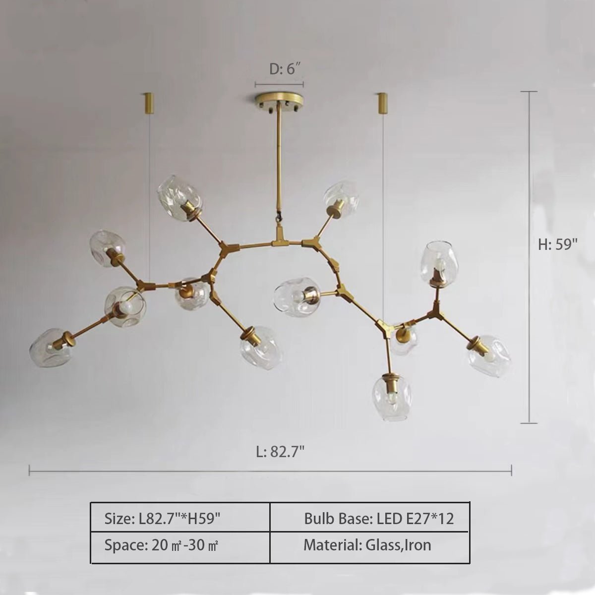 Modern Industrial Branch Chandelier with Multiple Glass Pendants Extra Large for Living or Dining Room - 12 Lights: L82.7"*H59.0"Brass+Clear GlassWarm Lightcasivra