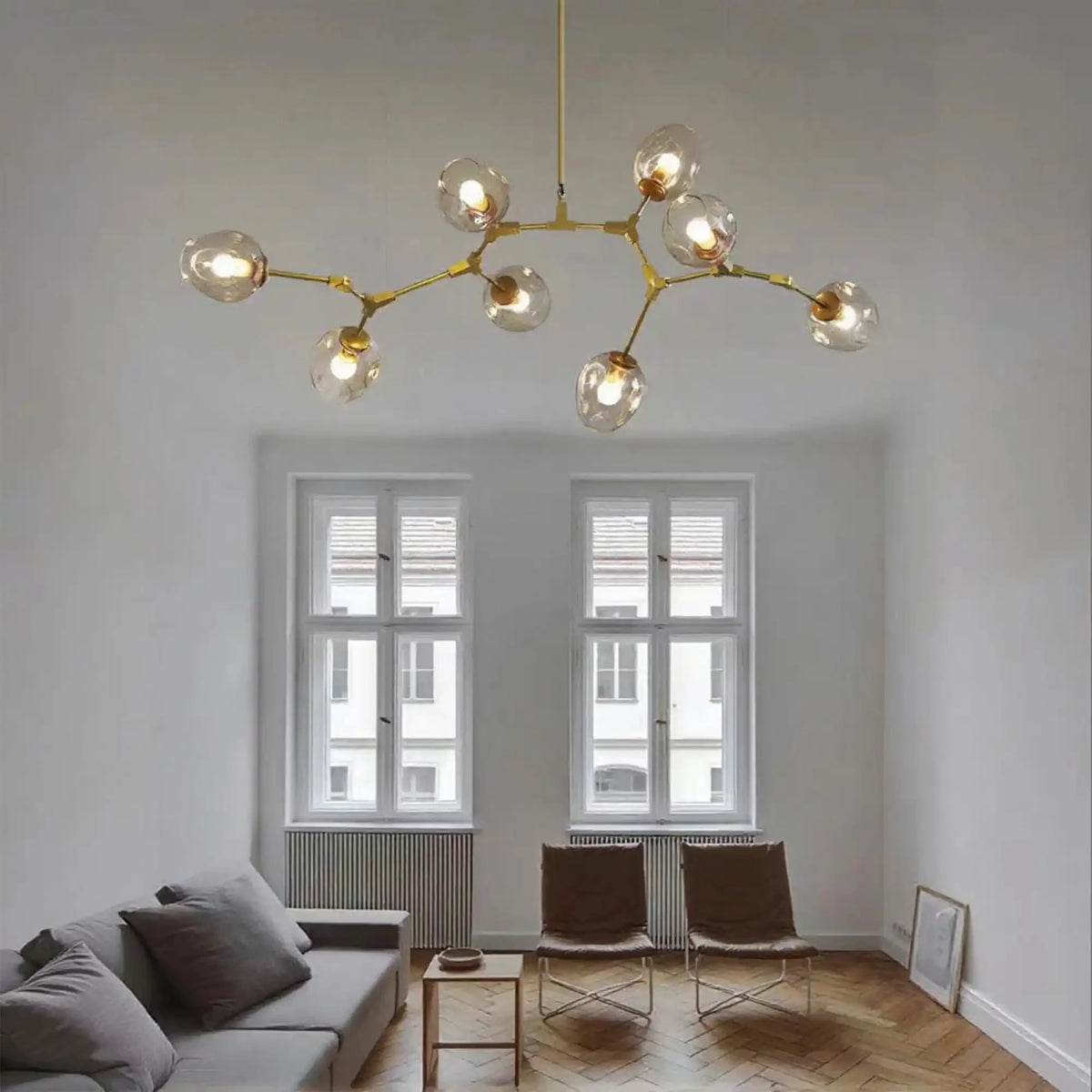 Modern Industrial Branch Chandelier with Multiple Glass Pendants Extra Large for Living or Dining Room - 5 Lights: L39.4"*H31.5"Brass+Clear GlassWarm Lightcasivra