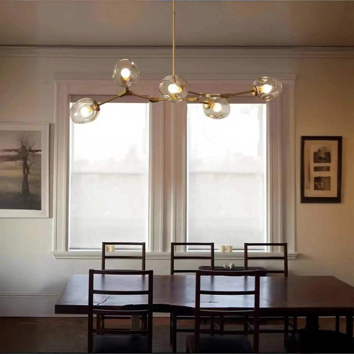 Modern Industrial Branch Chandelier with Multiple Glass Pendants Extra Large for Living or Dining Room - 5 Lights: L39.4"*H31.5"Brass+Clear GlassWarm Lightcasivra