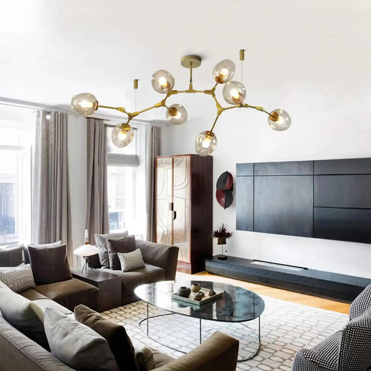 Modern Industrial Branch Chandelier with Multiple Glass Pendants Extra Large for Living or Dining Room - 5 Lights: L39.4"*H31.5"Brass+Clear GlassWarm Lightcasivra