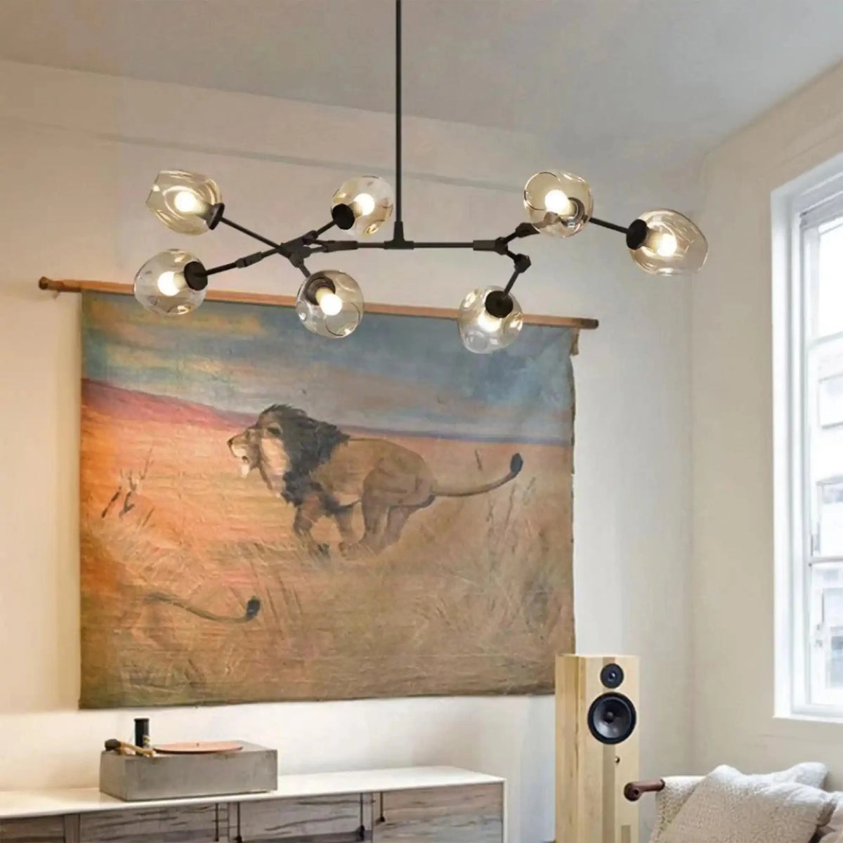 Modern Industrial Branch Chandelier with Multiple Glass Pendants Extra Large for Living or Dining Room - 7 Lights: L47.2"*H41.3"Black+Clear GlassWarm Lightcasivra