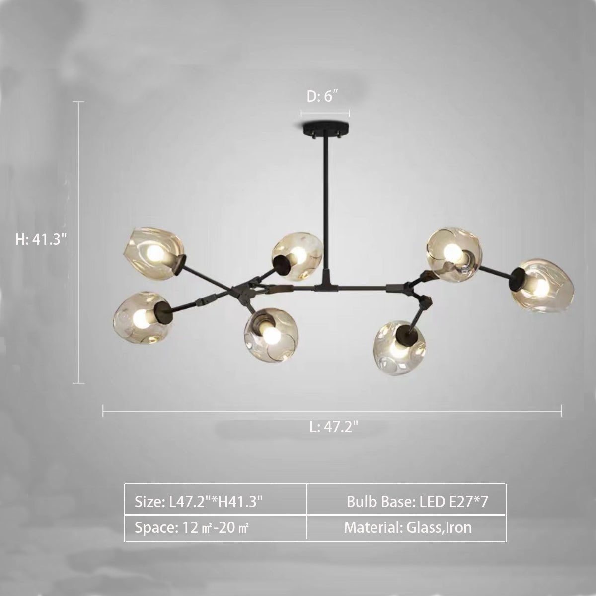 Modern Industrial Branch Chandelier with Multiple Glass Pendants Extra Large for Living or Dining Room - 7 Lights: L47.2"*H41.3"Black+Clear GlassWarm Lightcasivra