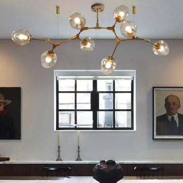 Modern Industrial Branch Chandelier with Multiple Glass Pendants Extra Large for Living or Dining Room - 5 Lights: L39.4"*H31.5"Brass+Clear GlassWarm Lightcasivra