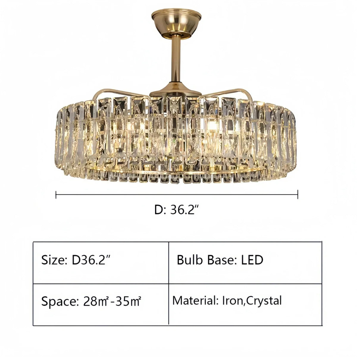 Modern Invisible Blade Fan Light Crystal Chandelier for Living/Dining Room/Bedroom - D26.8"Warm Lightcasivra