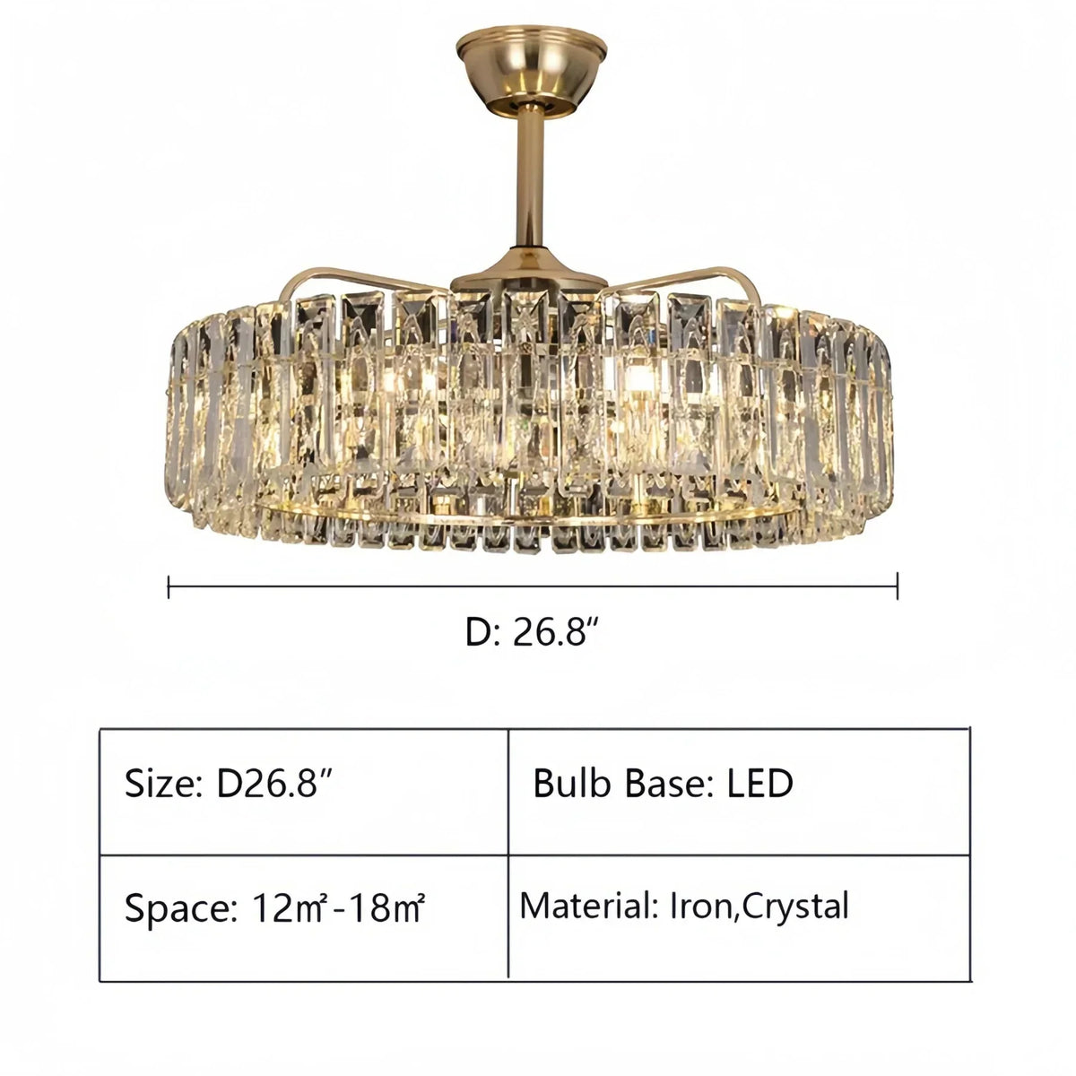 Modern Invisible Blade Fan Light Crystal Chandelier for Living/Dining Room/Bedroom - D26.8"Warm Lightcasivra