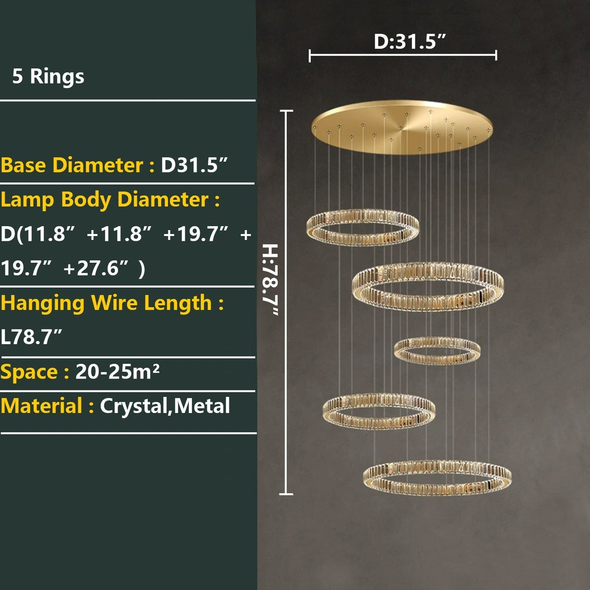 Modern Layered Ring Crystal Chandelier For High Ceiling Living Room /Foryer/Stairscase - 5 Rings:D23.6"*H78.7"Warm Lightcasivra