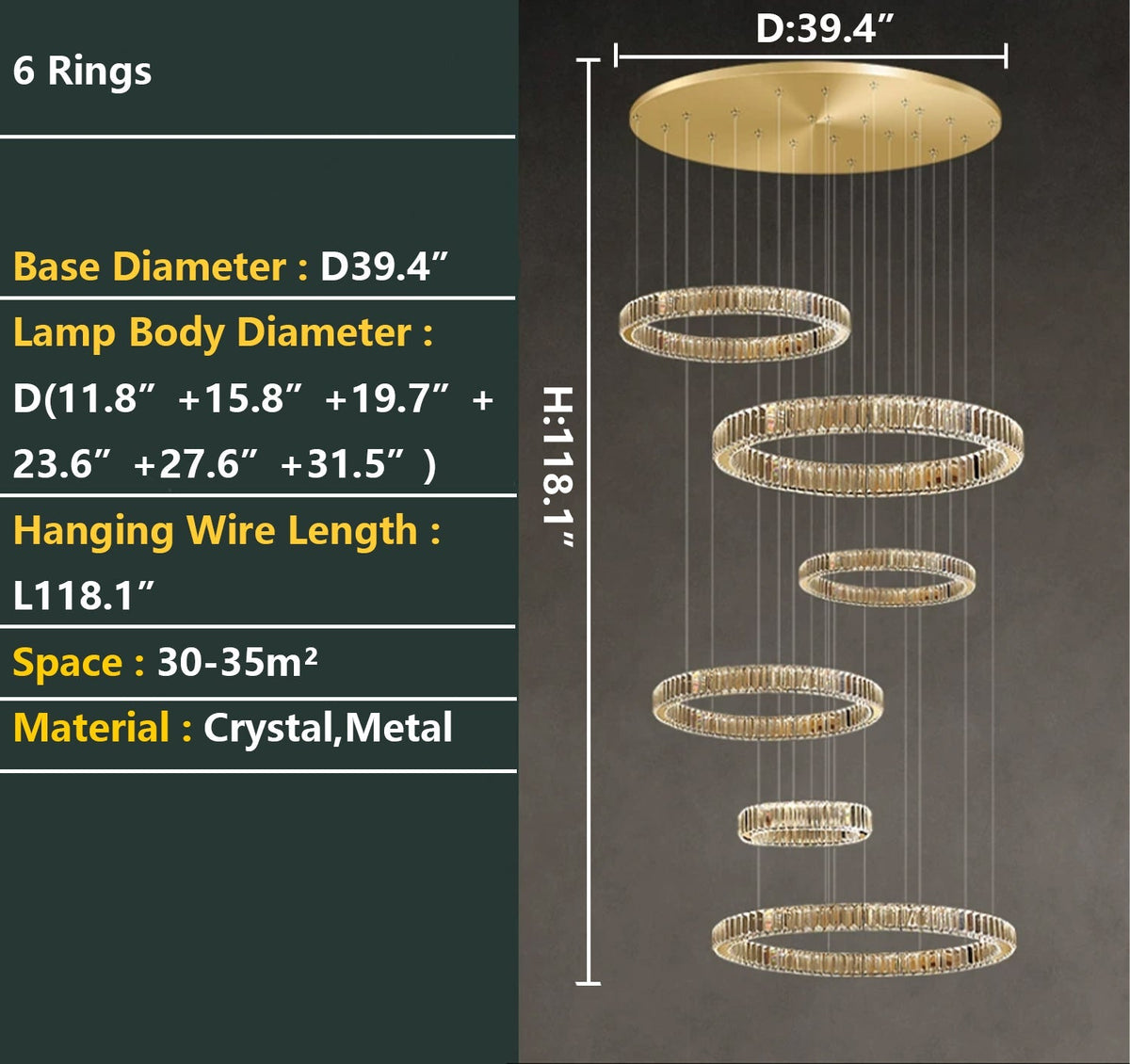Modern Layered Ring Crystal Chandelier For High Ceiling Living Room /Foryer/Stairscase - 5 Rings:D23.6"*H78.7"Warm Lightcasivra