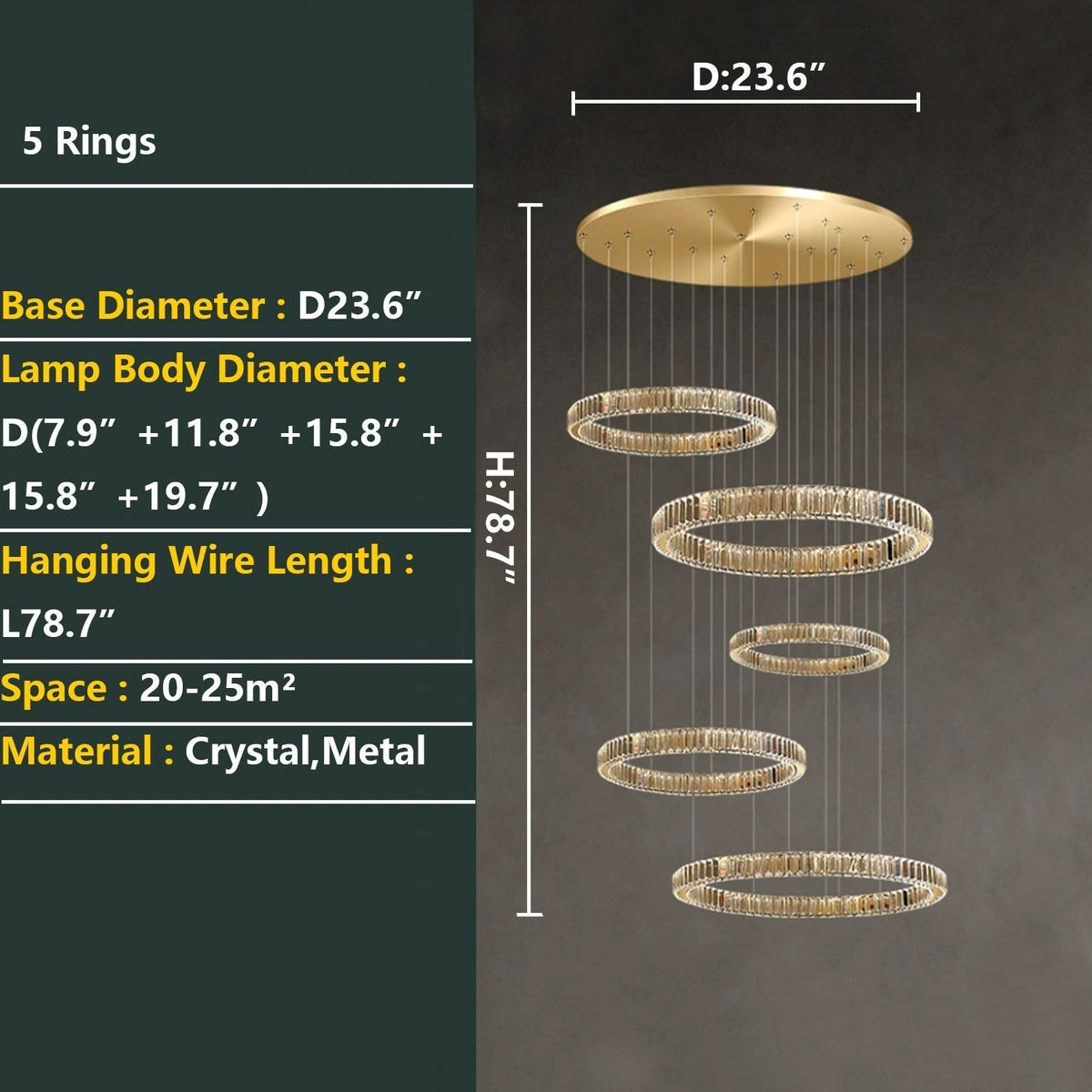 Modern Layered Ring Crystal Chandelier For High Ceiling Living Room /Foryer/Stairscase - 5 Rings:D23.6"*H78.7"Warm Lightcasivra