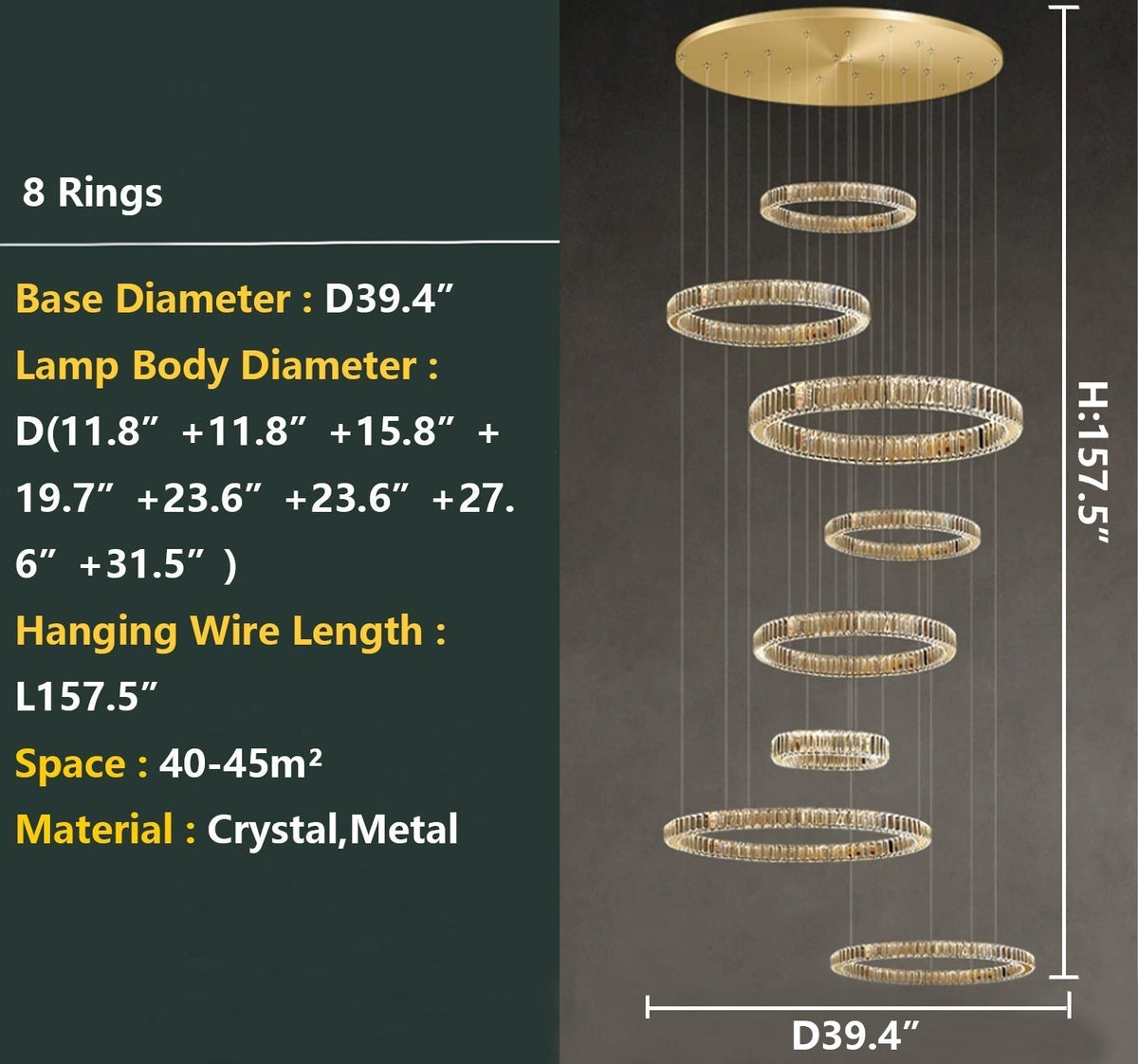 Modern Layered Ring Crystal Chandelier For High Ceiling Living Room /Foryer/Stairscase - 5 Rings:D23.6"*H78.7"Warm Lightcasivra