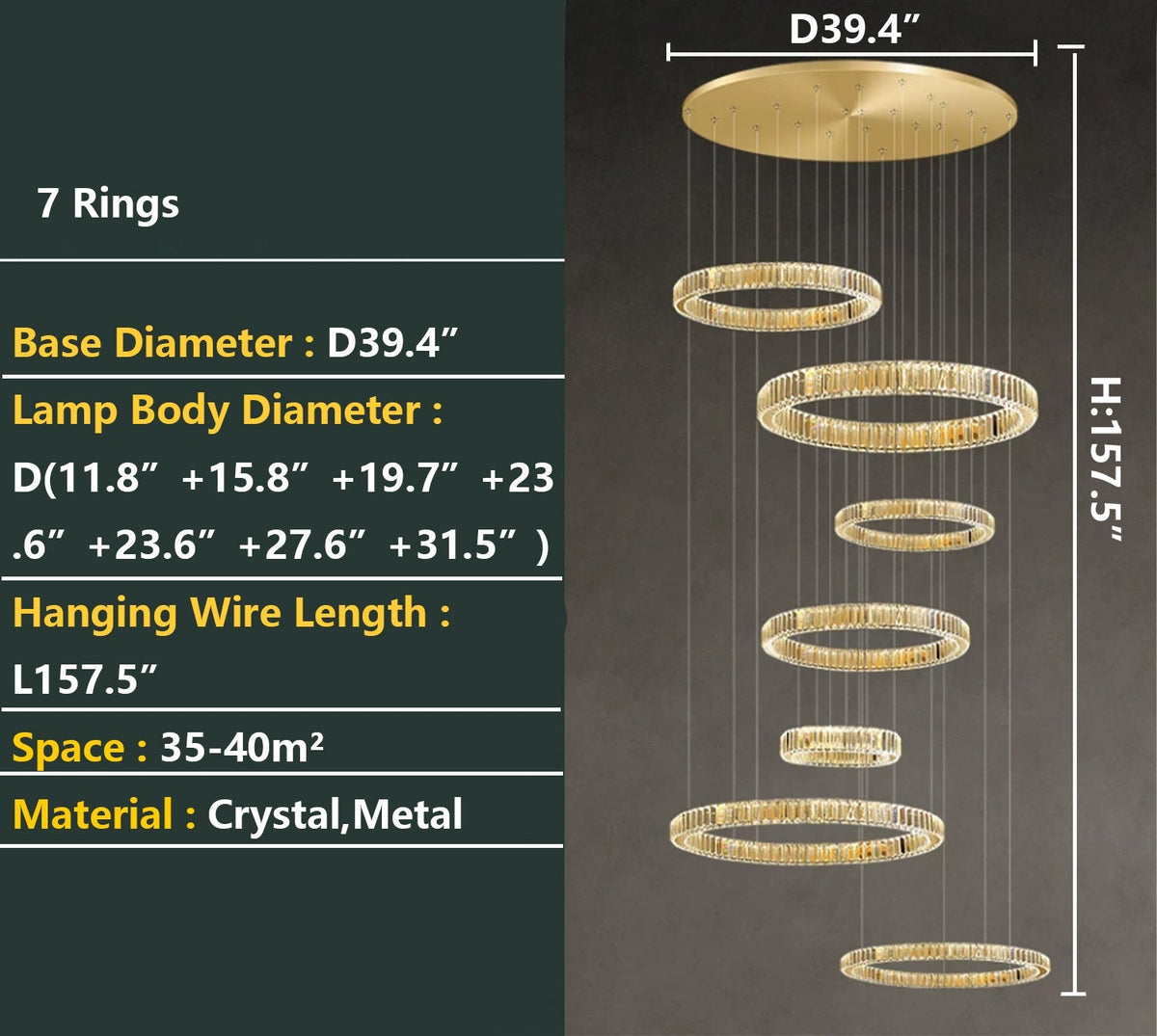 Modern Layered Ring Crystal Chandelier For High Ceiling Living Room /Foryer/Stairscase - 5 Rings:D23.6"*H78.7"Warm Lightcasivra