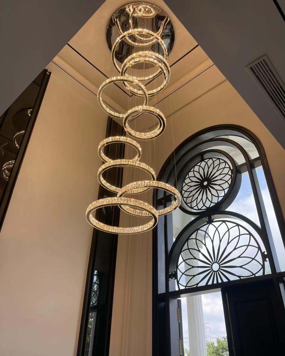 Modern Layered Ring Crystal Chandelier For High Ceiling Living Room /Foryer/Stairscase - 5 Rings:D23.6"*H78.7"Warm Lightcasivra