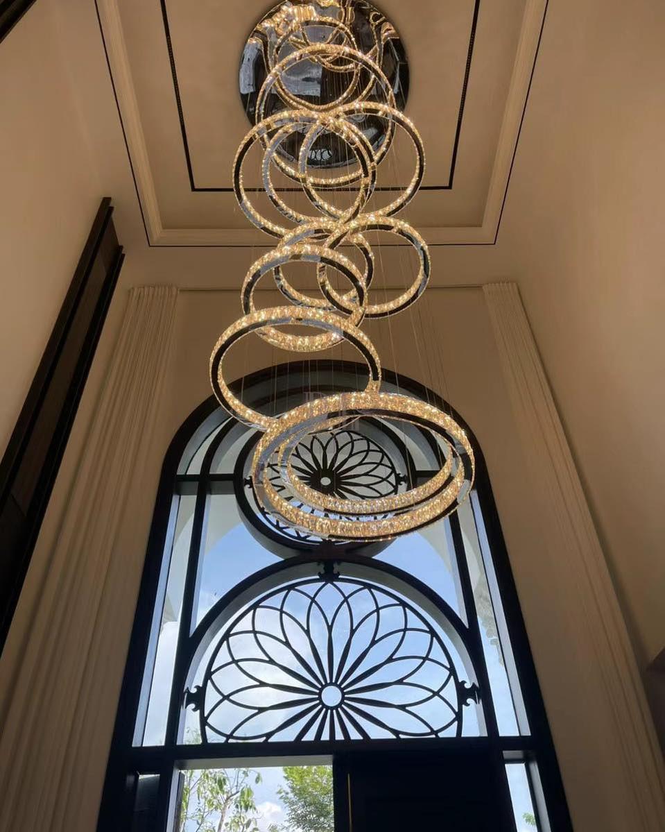 Modern Layered Ring Crystal Chandelier For High Ceiling Living Room /Foryer/Stairscase - 5 Rings:D23.6"*H78.7"Warm Lightcasivra